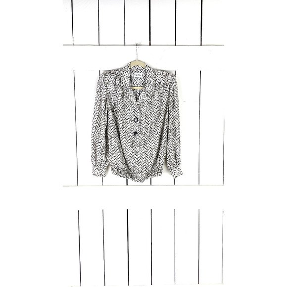 Vintage black white billowy pullover long sleeve stretch waist blouse - Picture 1 of 5
